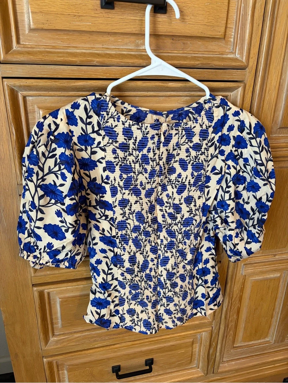 NWT J. Crew Blue Floral Puff-Sleeve Blouse on Cream